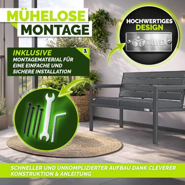 Садова лавка Tillvex® 3-4 місця з подушками та чохлом, вулична, стійка до погодних умов, деревоподібна, до 300 кг, антрацит 150 см