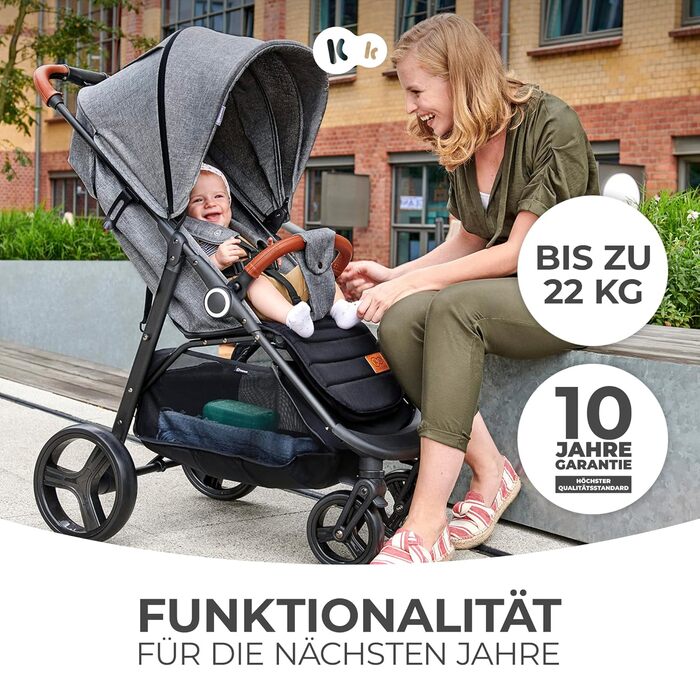 Дитяча коляска Kinderkraft GRANDE PLUS сірого кольору, від народження до 22 кг, складна однією рукою, з регульованою спинкою та великим козирком