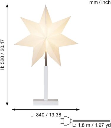 Настільна лампа EGLO з різдвяною зіркою, декоративна зірка з підсвічуванням з паперу з дерев'яною основою, 3D зірка для освітлення вікон, що стоїть в білому кольорі з кабелем, E14 (висота 52 см, білий, одинарна)