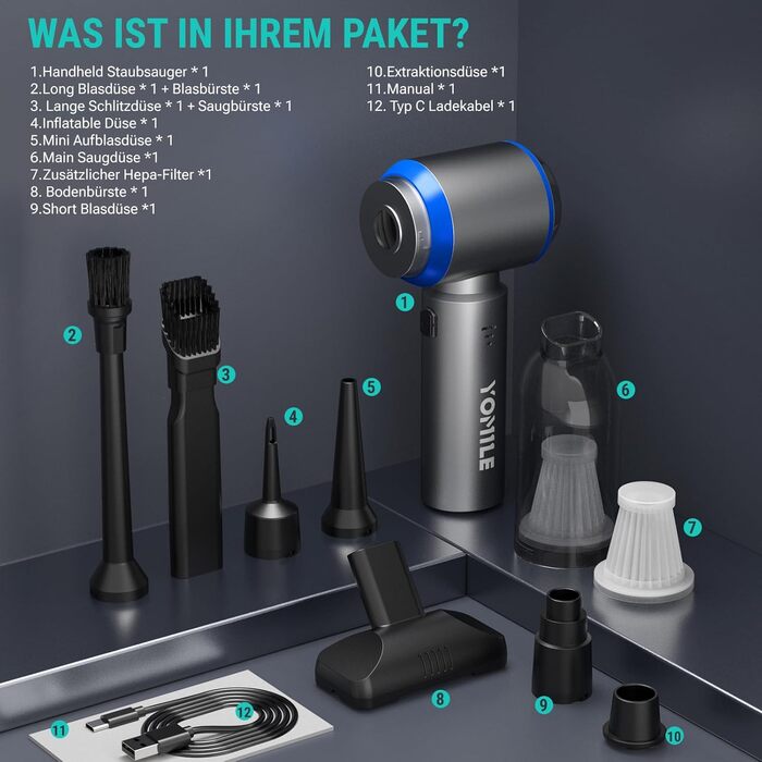 Акумуляторний ручний пилосмок Yomile 4 в 1, безщітковий двигун 25000Па, 3 рівні потужності для авто, дому, офісу та шерсті тварин