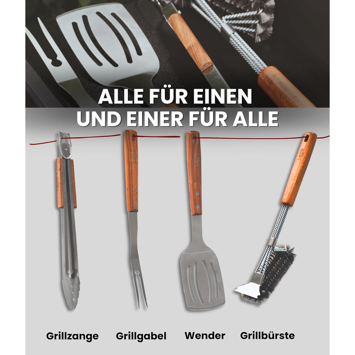 Набір для гриля: щипці, лопатка, виделка, щітка для чищення. Підходить для газових грилів. Подарунковий набір з нержавіючої сталі та акації (4 шт.)