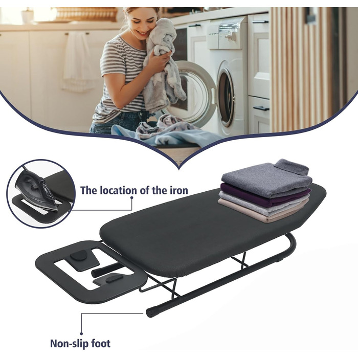 Прасувальна дошка Rainberg Tisch-Bügelbrett, компактна, чорна, 76 x 30 см, з бавовняним чохлом та підставкою для праски