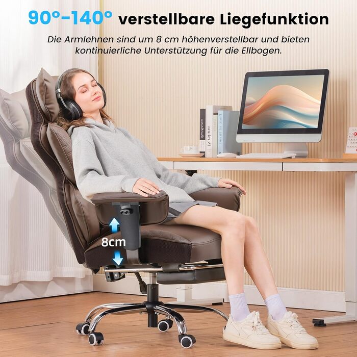 Ігровий крісло COMHOMA з ергономічною підтримкою спини, регульованими підлокітниками та широким сидінням (колір: коричневий)