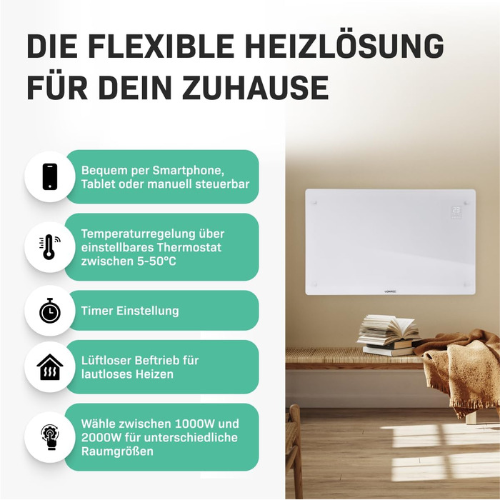 Електричний конвекторний обігрівач VONROC 2000W - для кімнат до 24м² - настінний/підлоговий монтаж - ручне/APP керування, білий