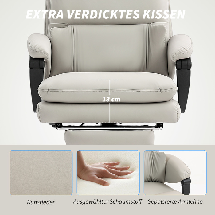 Крісло офісне HOMCOM з регулюванням висоти, з підтримкою попереку, підлокітниками та підставкою для ніг, обшите штучною шкірою, світло-сірого кольору