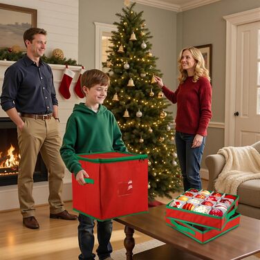 Коробка для прикрас на ялинку з 128 відділеннями, XL, з кришкою та додатковими кишенями, оксфордська тканина, червоно-зелена сітка