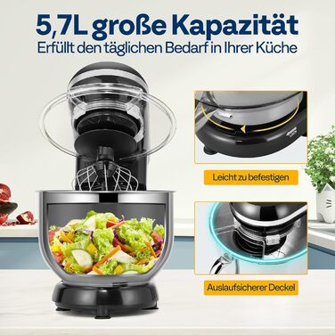 Кухонна машина VIVOHOME 5.7L, 660W з 10 швидкостями, міксер для тіста, чорна