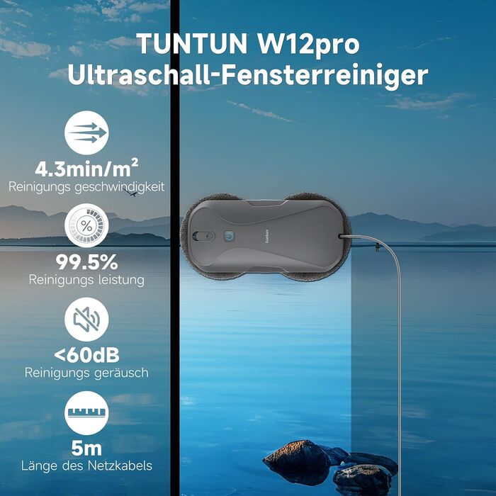 Робот-прибиральник вікон Tuntun W12pro: 5300Pa, 4-Wege система, інтелектуальна навігація, бокс для зберігання, для гладких поверхонь