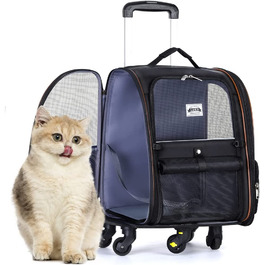 Розширюваний рюкзак для кішок рюкзак для собак для кішок до 8 кг, великий рюкзак для кішок складаний рюкзак для домашніх тварин з внутрішнім повідцем і килимком для домашніх тварин, (чорний з візком)