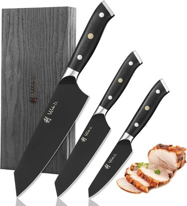 Набір кухонних ножів Wakoli Titanium Noir (5 предметів) з бруском - професійний набір кухонних ножів з титановим покриттям, нержавіюча сталь, чорне покриття, магнітний брусок