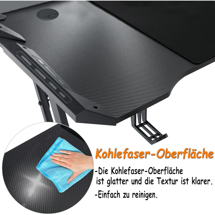 Ігровий стіл YRHome 120x60 см: стіл для комп'ютера з підстаканниками, кабелепроводами та карбоновою поверхнею. Ергономічний стіл для геймерів та офісу, чорний (без LED). Розмір 140x60 см з LED також доступний.