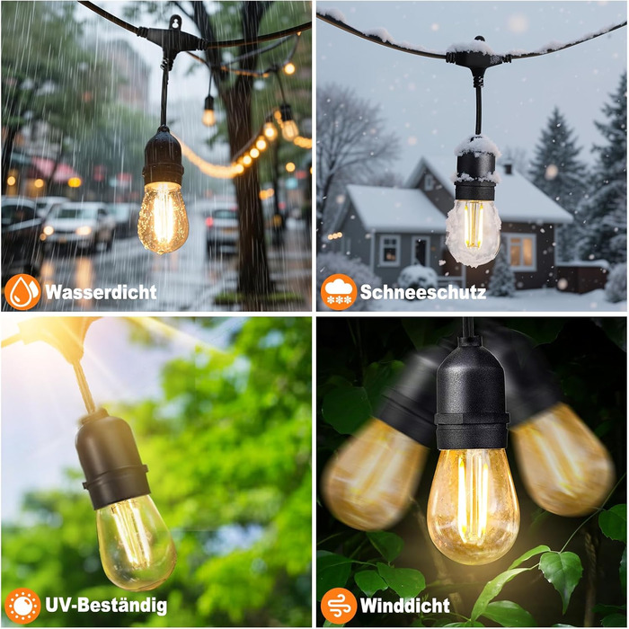 BRIMAX LED гірлянда для вулиці, 30 метрів, AC220-240V, IP44, 46+4 лампочки G40 E12 1W, 2200K тепле біле світло, розширювана, для кемпінгу, ярмарку, саду, вечірки