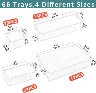 Органайзер для ящиків, 4 розміри, прозорий пластик, для макіяжу, кухні, офісу, шафи, 66 шт.