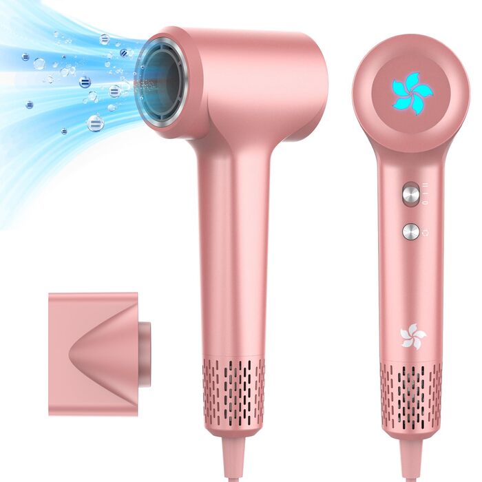 Професійний фен для волосся з дифузором та плазмою (400 млн іонів), безщітковий мотор 110 000 об/хв, низький рівень шуму 57дБ, Rose Gold