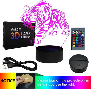 Нічна лампа-ілюзія для дітей, 16-кольорова настільна лампа з дистанційним управлінням, настільна лампа, подарунки на день народження для чоловіків, жінок, хлопчиків, дівчаток (тигр), 3D