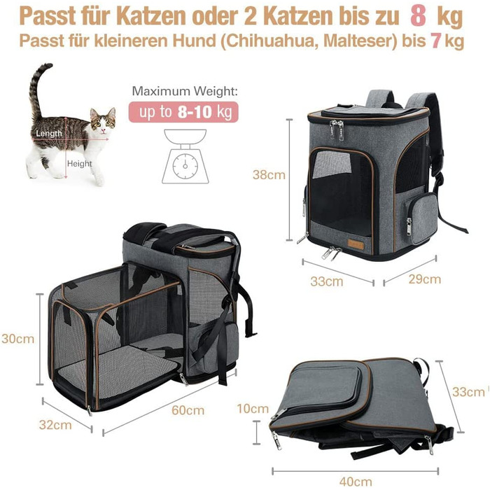 Висувний рюкзак Lekesky для кішок, рюкзак для собак, рюкзак для кішок відмінно підходить для маленьких кішок і собак, складаний рюкзак для перевезення кішок, Сірий L сірий