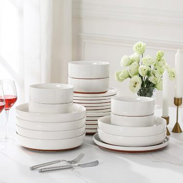 MALACASA Сервіз на 6 осіб (24 предмети) з реактивної глазурі, кераміка, білий з коричневим, для дому та ресторану