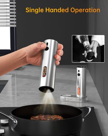 Електричні соляні та перечні млини CIRCLE JOY з підставкою, чорного кольору. Набір з нержавіючої сталі, регулювання помелу, LED-підсвічування, 110 мл, сріблястий