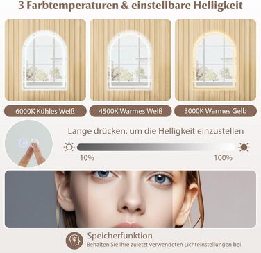 Дзеркало для ванної кімнати RELAX4LIFE з підсвіткою, настінне, напівкругле, 80 x 60 см, LED, сенсорне керування, функція пам'яті, запобігання запотіванню, без рами, 3 кольори світла, регулювання яскравості