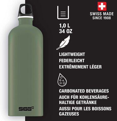Вулична пляшка для пиття SIGG Traveller (1 л), що не містить забруднюючих речовин і герметична пляшка для пиття для піших прогулянок, легка спортивна пляшка для пиття з алюмінію (Leaf Green)