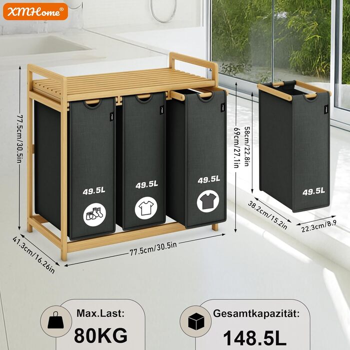 Бамбуковий сортувальник для білизни з 3 відділеннями, 148 літрів, 2 яруси, великий кошик для білизни з знімним мішком, прямокутна коробка для ванної, спальні та пральні, 77.5x41.3x100.5CM, Бежевий (Темно-сірий)
