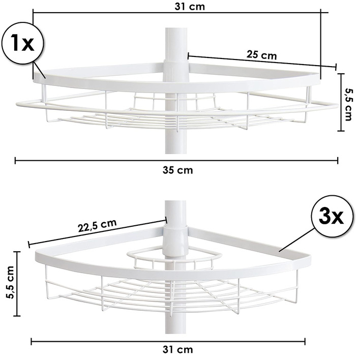 Кутова полиця для телескопа bremermann, 4 кошики, телескопічний стрижень довжиною не більше 290 см (білий)