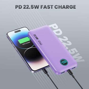 Швидкий зарядний пристрій 22.5 Вт, PD3.0 QC4.0, USB C, LCD дисплей, 3 виходи, фіолетовий, 10800mAh