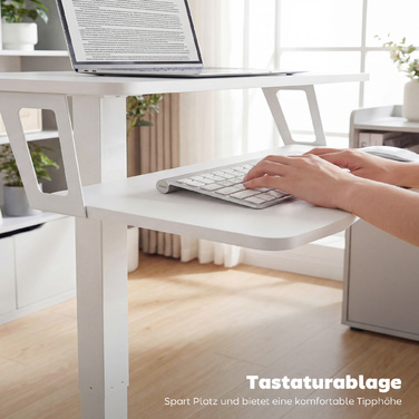 Регульований за висотою стіл для стоячи та сидіння, мобільний стіл з підставкою для клавіатури, роликами та сталевим каркасом, білий