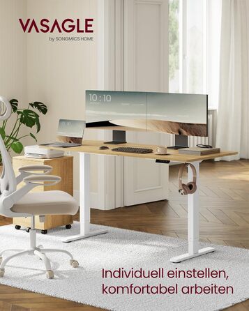 Електричний регульований стіл VASAGLE LSD02B0V2 - сталевий каркас, 3 пам'яті висоти, з гачками