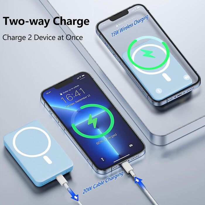 Бездротовий, USB-C, 20 Вт, магнітний для iPhone 15-12 (небесно-блакитний), 5000mAh