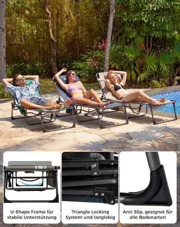 Шезлонг KingCamp великого розміру, розкладний, 5 положень, для саду, відпочинку, кемпінгу, з подушкою та кишенею, до 200 кг, 200 x 68 см, сірий