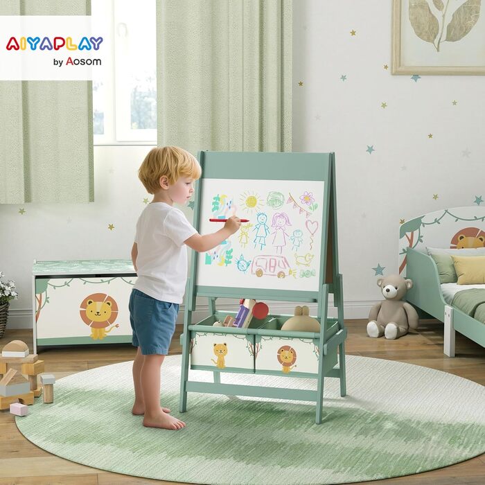 Дитяча мольберт AIYAPLAY 3-в-1: двосторонній, чорно-білий, з рулоном паперу та 2 кошиками для зберігання, для дітей 3-8 років, зелений