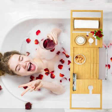 Висувна поличка для ванни - регульована доріжка для ванни. Неслизька поличка для ванни. Підходить для більшості ванн. Утримує книгу, iPad, телефон, склянку, свічку. Преміум-якість, натуральні матеріали.