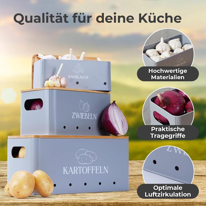 Набір контейнерів для зберігання овочів на кухні 3 шт. – для картоплі, цибулі та часнику з бамбуковими кришками – Набір для зберігання картоплі, цибулі та часнику сірого кольору