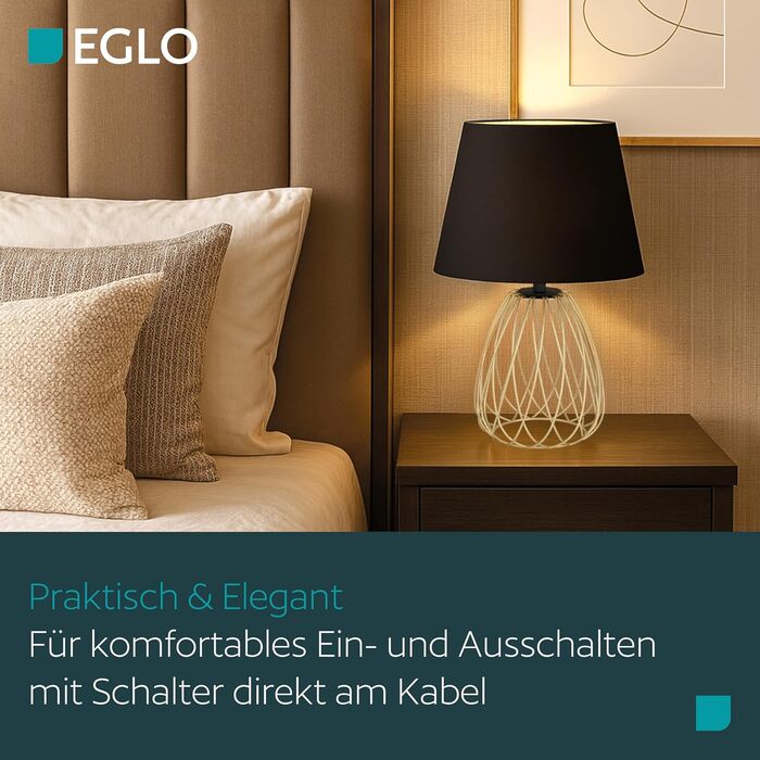 Торшер EGLO JAZMINIA – вінтажний торшер 45 см, чорний та латунь, тканинний абажур, ретро дизайн, метал, патрон E27, LED сумісний, вимикач на кабелі