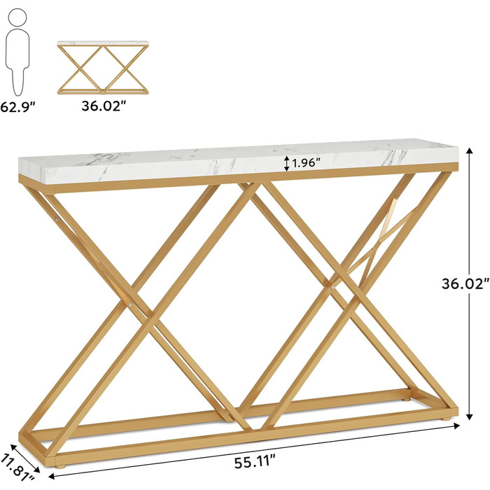 Консольний столик Tribesigns 140 см, золотисті металеві ніжки, штучний мармур білий, вузький для вітальні/передпокою