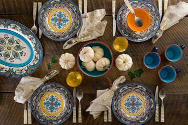 Набір посуду Euro Ceramica Zanzibar Collection, 16 частин, для кухні та їдальні, на 4 особи, з іспанським квітковим візерунком, блакитно-жовтий