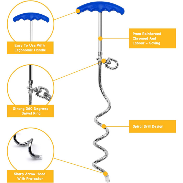 Петфабет причальний кілочок спіраль з повідцем для собак 6 м наземний якір якір заземлення з біговою доріжкою, причальний кілочок з прив'язним повідцем для собак на відкритому повітрі і в саду 6 м Синій