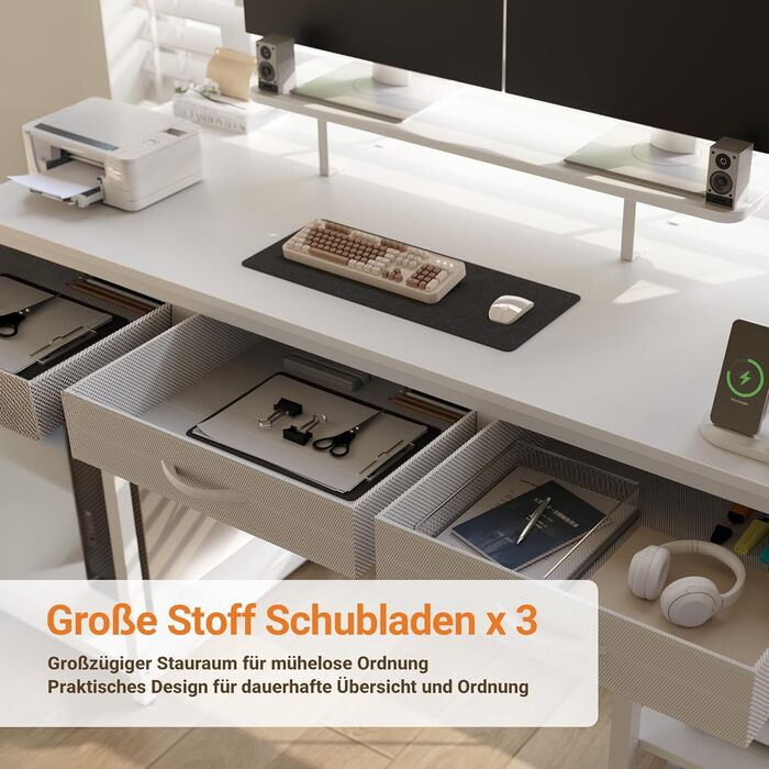 Комп'ютерний стіл Claiks з 3 шухлядами, 120 x 60 см, з полицею, 2 розетки та 2 USB-порти, для офісу та дому, білий