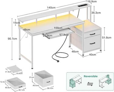 Ігровий стіл Coleshome з LED підсвічуванням, 140x48 см. Стіл з тканиними ящиками, комп'ютерний стіл з 2 розетками та 2 USB-портами, стіл для ігор з підставкою для монітора для дому/офісу, білий 140x48 см
