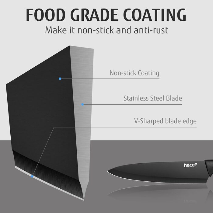 Набір кухонних ножів Hecef 15 предметів з бруском, чорний, з антипригарним покриттям, можна мити в посудомийній машині, самозаточуваний брусок, ергономічні ручки, кухонний набір ножів для початківців та кулінарів-ентузіастів