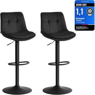 Барні стільці VASAGLE 2 шт. регульовані по висоті, обертаються, зі спинкою та підставкою для ніг, для кухні, їдальні, бару, сталь, LJB195G02 (Чорний, Велюр)