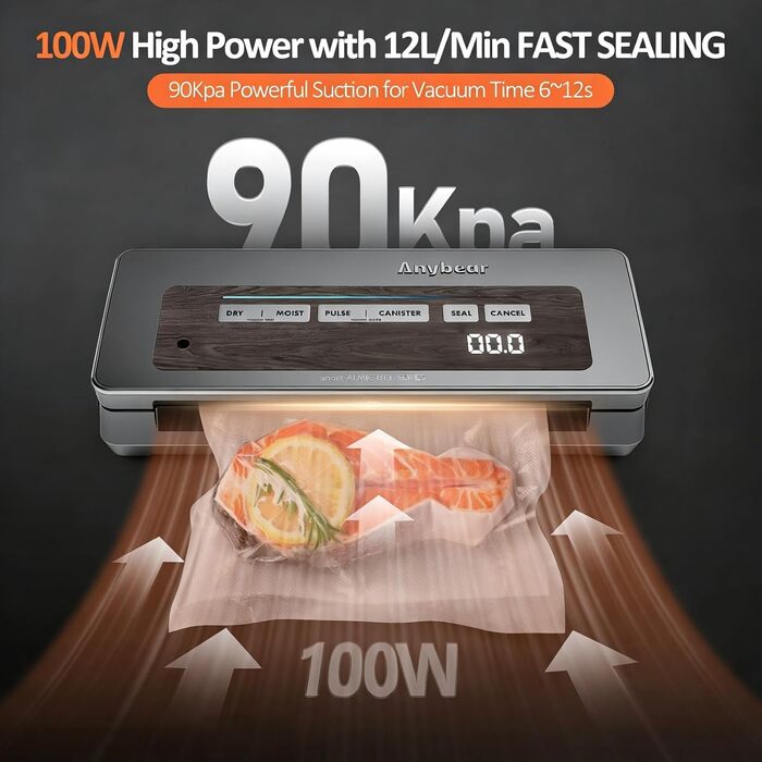 Вакууматор для продуктів з вбудованим різаком, 100 Вт, 90 кПа, цифровий таймер та відсіком для пакетів, сірий