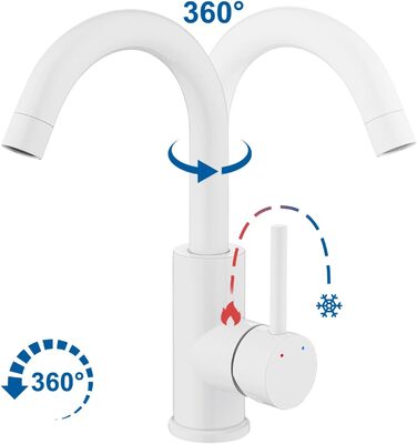 Змішувач для ванної кімнати/кухні Auralum з поворотним гусаком 360°, з високоякісної латуні, з підключенням 60 см, однорідний змішувач (білий)