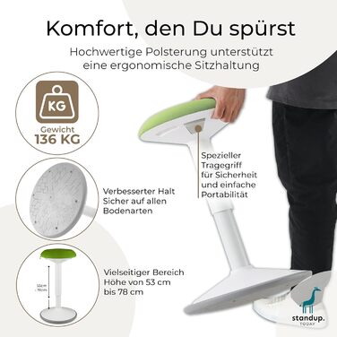 Standup.Today Ерганомічний хокер Ella (білий/зелений) – регульована висота 55-80 см – для офісу та дому – з ефектом гойдання