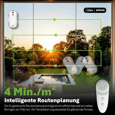 Робот для миття вікон AFR230 з подвійним розпиленням, інтелектуальною навігацією та пультом дистанційного керування, для внутрішніх та зовнішніх вікон, об'єм бака 60 мл, сумка для зберігання, 8 ганчірок