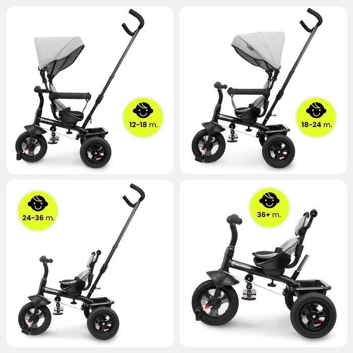 Триколісний велосипед HyperMotion з ручкою для батьків 3-в-1, сірий - для дітей від 1 до 4 років (до 20 кг)