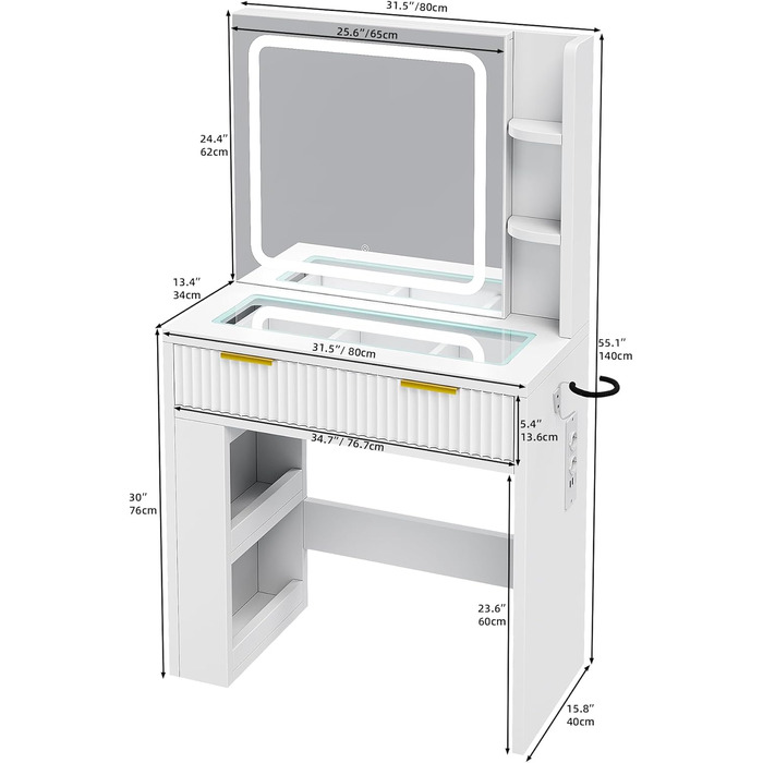 Дзеркальний туалетний столик YITAHOME з LED-підсвічуванням, білий, 115x40x134 см