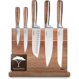 Набір ножів у блоці (6 шт) з нержавіючої сталі преміум-класу. Кухонні ножі з магнітним блоком з акації. Професійний набір кухонних ножів з нержавіючої сталі, сріблястого кольору.