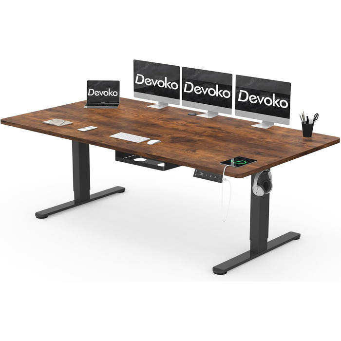 Регульований стіл Devoko 200x80 см з USB-C, електричний, мобільний, з органайзером для кабелів, білий/вінтажний коричневий